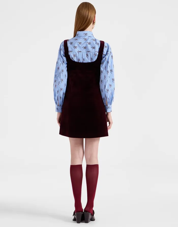 La Doublej Ella Mini Dress Solid Burgundy In Cotton Velvet Embroidered Women Dresses