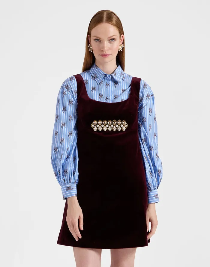 La Doublej Ella Mini Dress Solid Burgundy In Cotton Velvet Embroidered Women Dresses