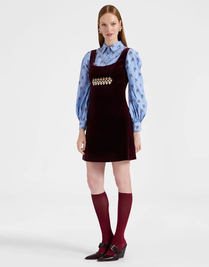 La Doublej Ella Mini Dress Solid Burgundy In Cotton Velvet Embroidered Women Dresses