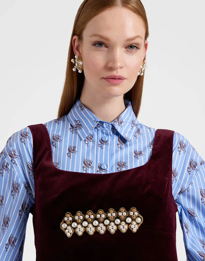 La Doublej Ella Mini Dress Solid Burgundy In Cotton Velvet Embroidered Women Dresses