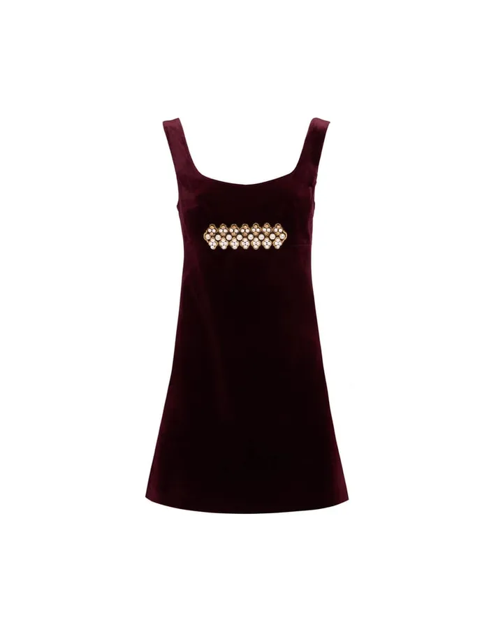 La Doublej Ella Mini Dress Solid Burgundy In Cotton Velvet Embroidered Women Dresses