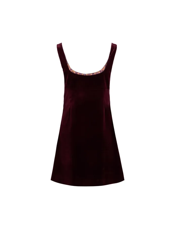 La Doublej Ella Mini Dress Solid Burgundy In Cotton Velvet Embroidered Women Dresses