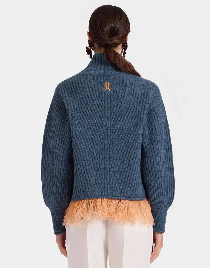 La Doublej High Kick Sweater Blue In Wool With Feathers Women Knitwear