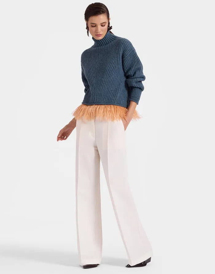 La Doublej High Kick Sweater Blue In Wool With Feathers Women Knitwear