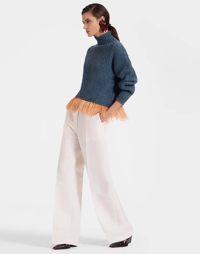 La Doublej High Kick Sweater Blue In Wool With Feathers Women Knitwear