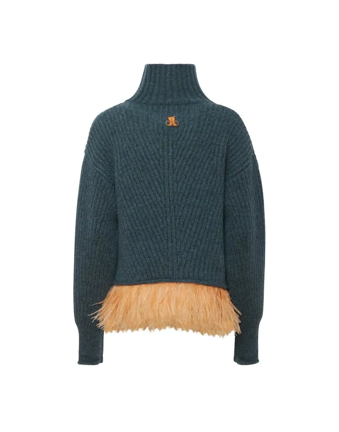 La Doublej High Kick Sweater Blue In Wool With Feathers Women Knitwear