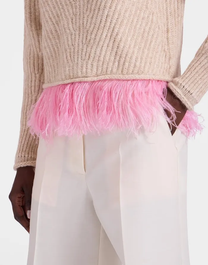 La Doublej High Kick Sweater Ivory In Wool With Feathers Women Knitwear