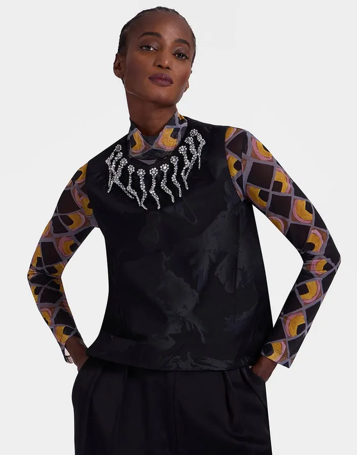 La Doublej La Scala Top Sylph Black In Jacquard Embroidered Women Shirts and Tops