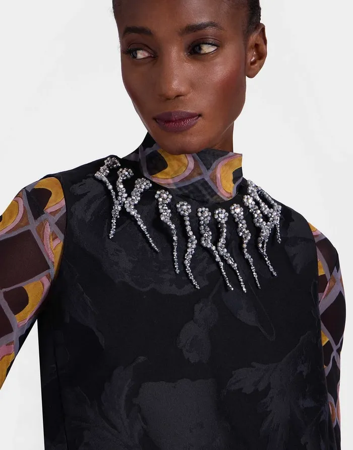 La Doublej La Scala Top Sylph Black In Jacquard Embroidered Women Shirts and Tops