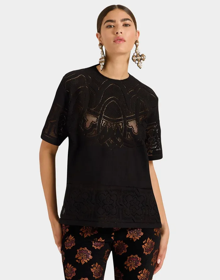 La Doublej Lacey House TShirt Solid Black In Embroidered Cotton Women TShirts and Sweatshirts