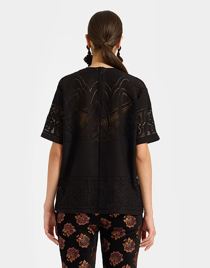 La Doublej Lacey House TShirt Solid Black In Embroidered Cotton Women TShirts and Sweatshirts