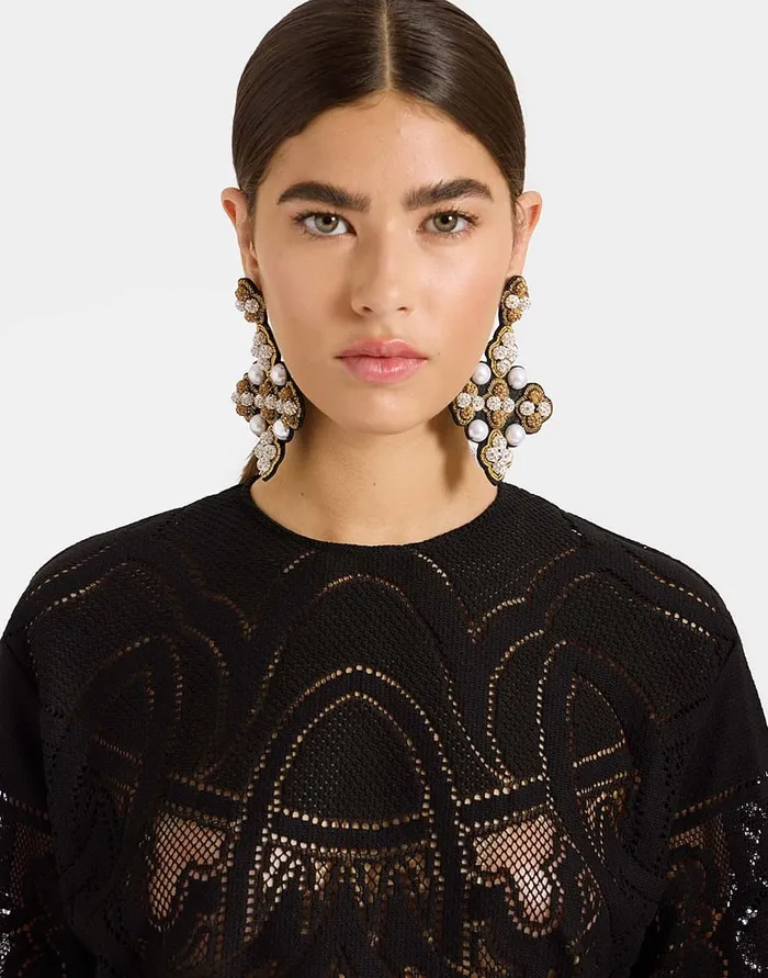 La Doublej Lacey House TShirt Solid Black In Embroidered Cotton Women TShirts and Sweatshirts