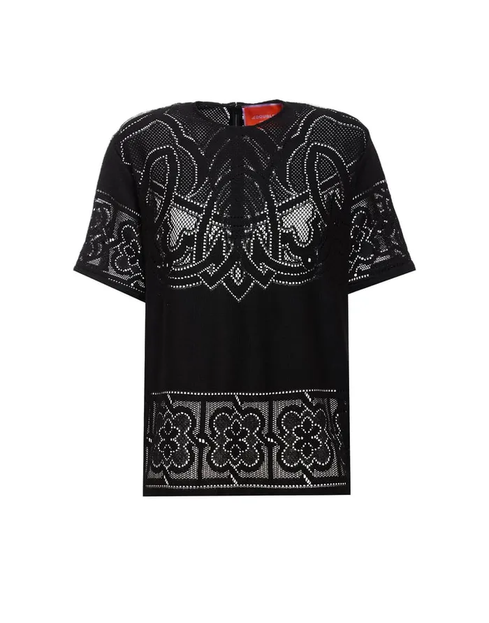 La Doublej Lacey House TShirt Solid Black In Embroidered Cotton Women TShirts and Sweatshirts