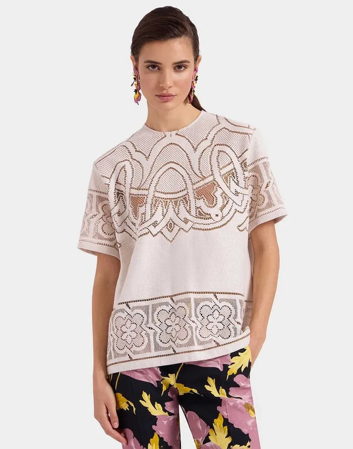 La Doublej Lacey House TShirt Solid White Smoke In Embroidered Cotton Women Shirts and Tops