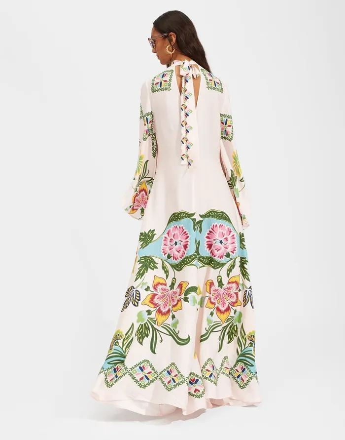 La Doublej Magnifico Dress Folk Flowers Azzurro Place In Pebbled Sable Women Dresses