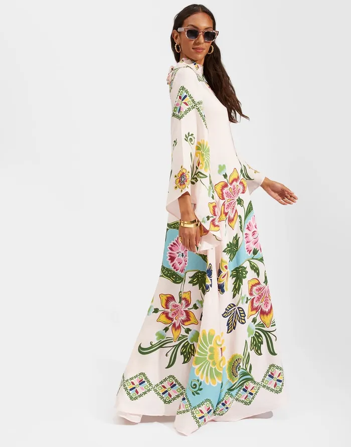 La Doublej Magnifico Dress Folk Flowers Azzurro Place In Pebbled Sable Women Dresses