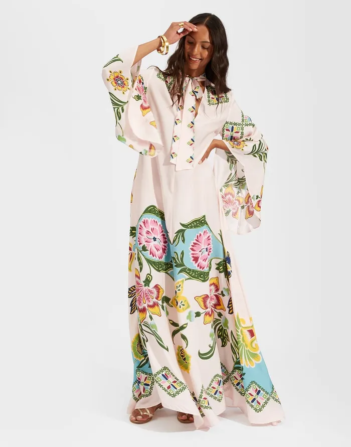 La Doublej Magnifico Dress Folk Flowers Azzurro Place In Pebbled Sable Women Dresses