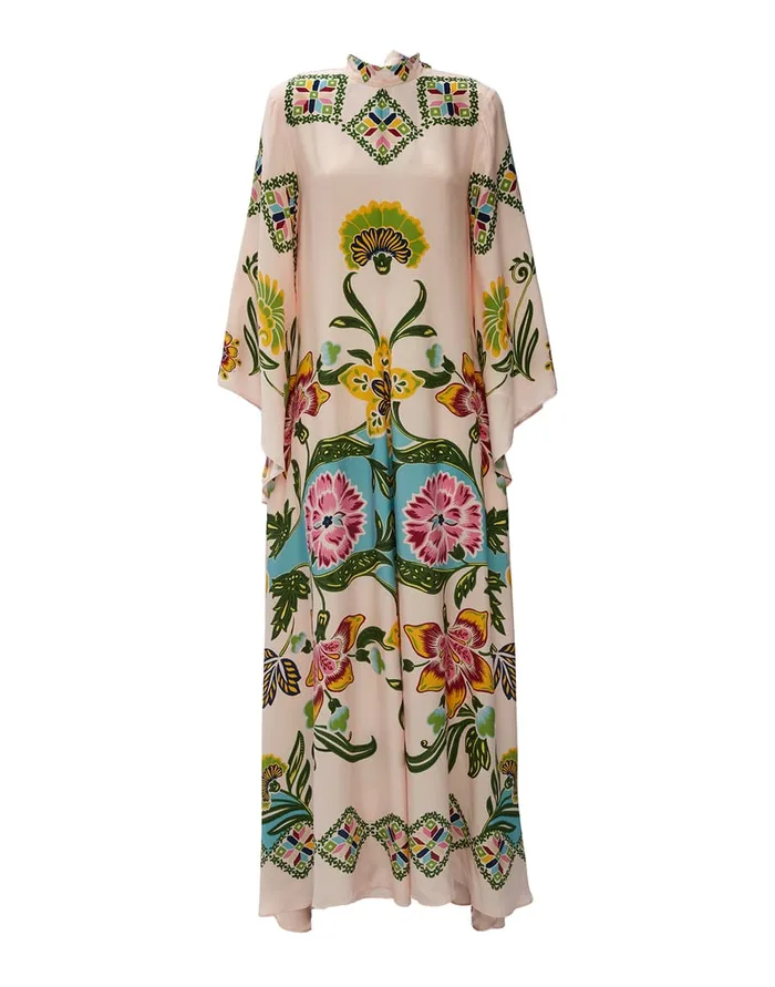 La Doublej Magnifico Dress Folk Flowers Azzurro Place In Pebbled Sable Women Dresses