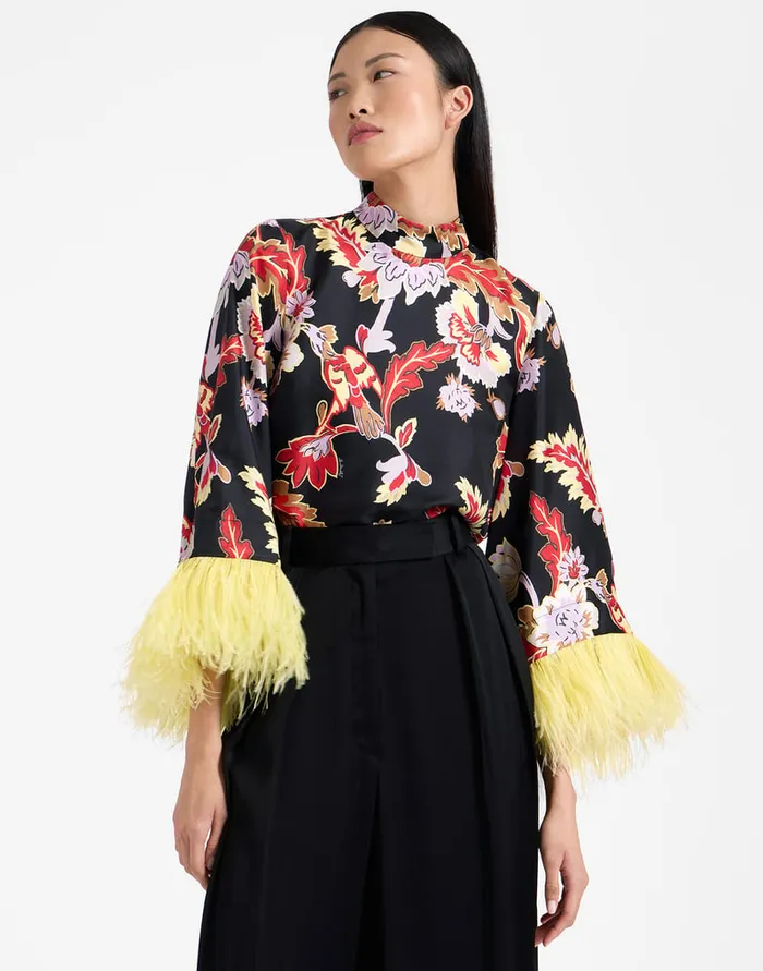 La Doublej Make An Exit Top Lark Black In Silk Twill With Feathers Women Shirts and Tops