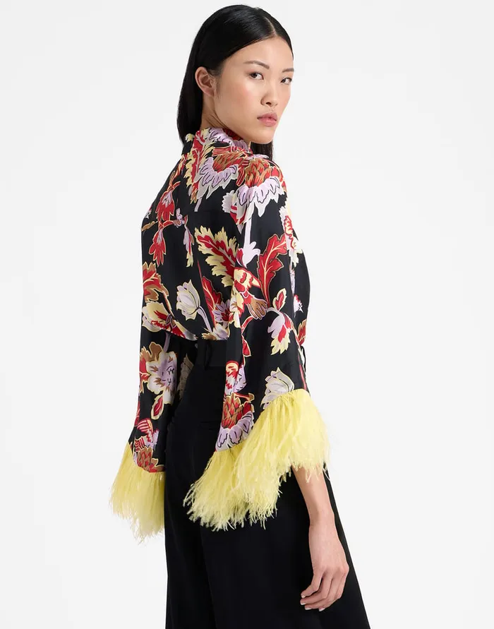 La Doublej Make An Exit Top Lark Black In Silk Twill With Feathers Women Shirts and Tops