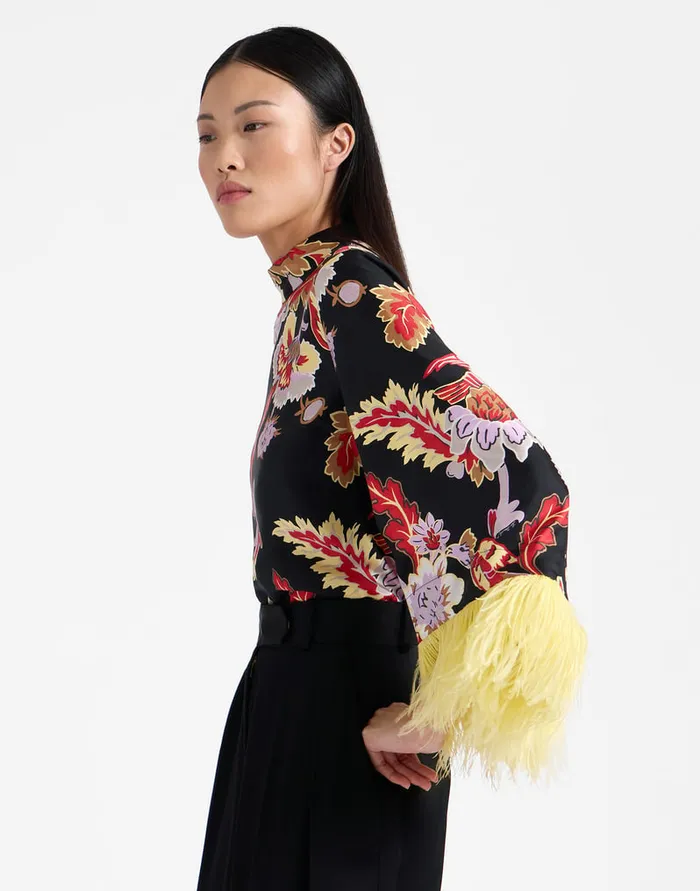 La Doublej Make An Exit Top Lark Black In Silk Twill With Feathers Women Shirts and Tops