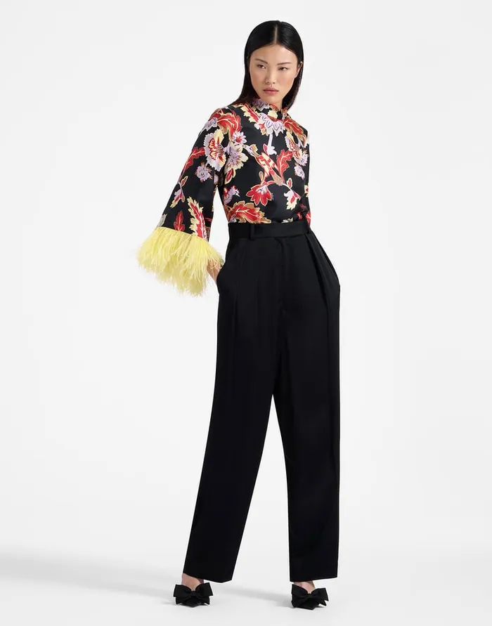 La Doublej Make An Exit Top Lark Black In Silk Twill With Feathers Women Shirts and Tops