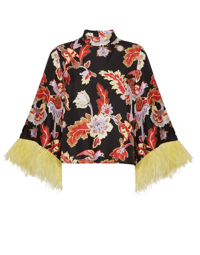 La Doublej Make An Exit Top Lark Black In Silk Twill With Feathers Women Shirts and Tops