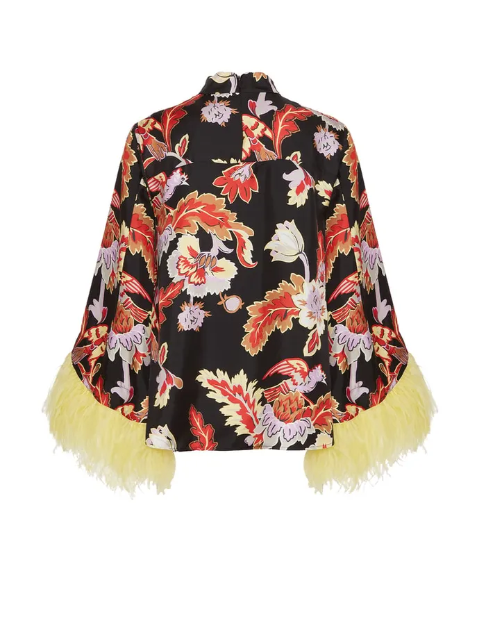La Doublej Make An Exit Top Lark Black In Silk Twill With Feathers Women Shirts and Tops