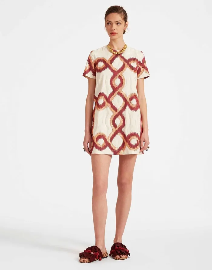La Doublej Mini Swing Dress Tackle Burgundy In Jacquard Women Party Dressing