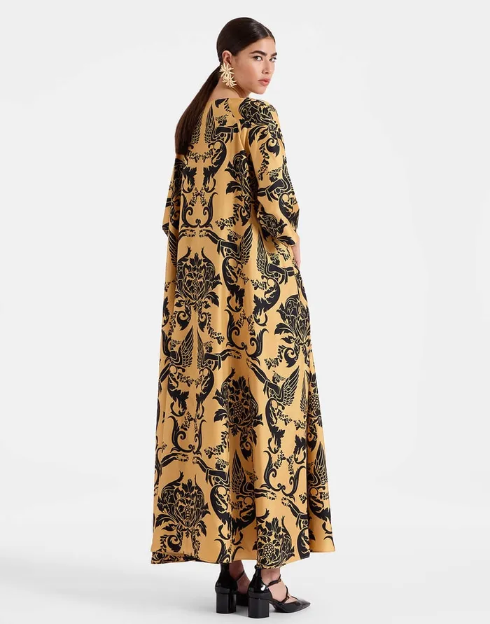 La Doublej Muumuu Dress Round Neck Cherubs Gold In Silk Twill Women Party Dressing
