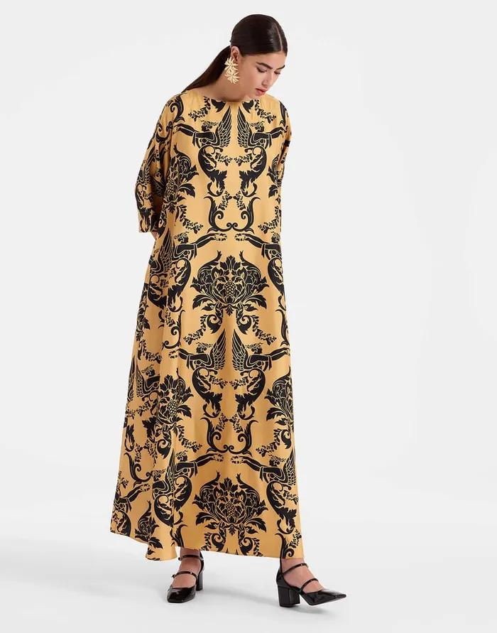La Doublej Muumuu Dress Round Neck Cherubs Gold In Silk Twill Women Party Dressing