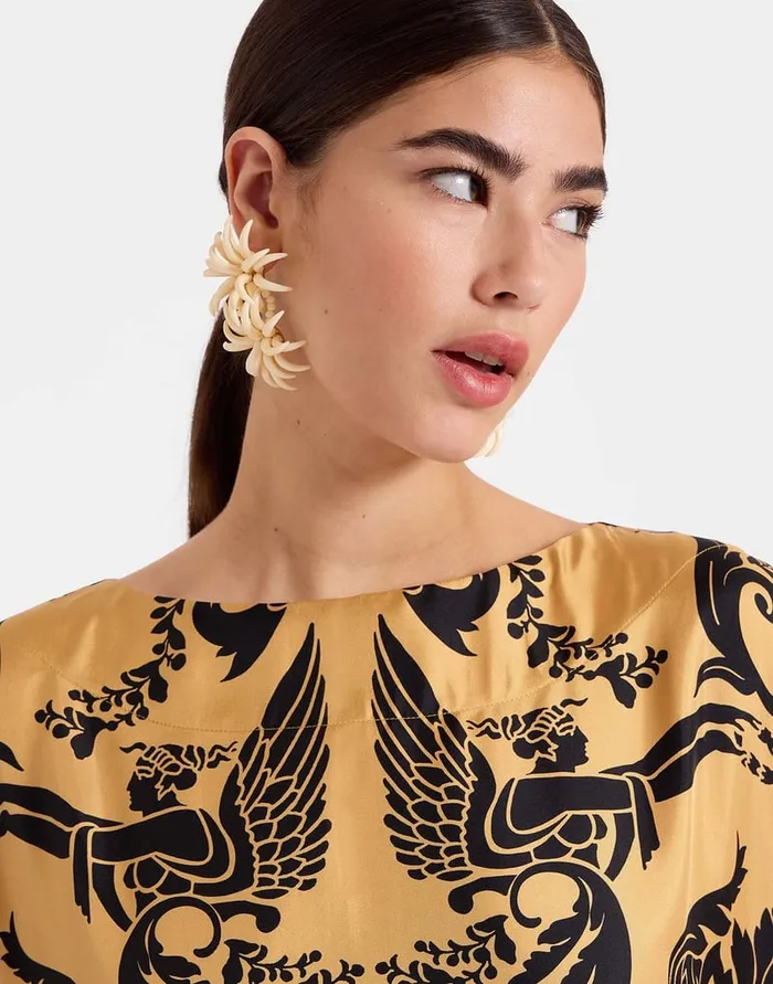 La Doublej Muumuu Dress Round Neck Cherubs Gold In Silk Twill Women Party Dressing