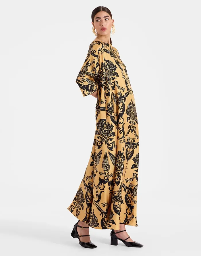 La Doublej Muumuu Dress Round Neck Cherubs Gold In Silk Twill Women Party Dressing