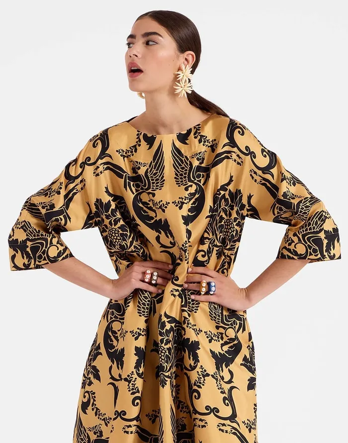 La Doublej Muumuu Dress Round Neck Cherubs Gold In Silk Twill Women Party Dressing