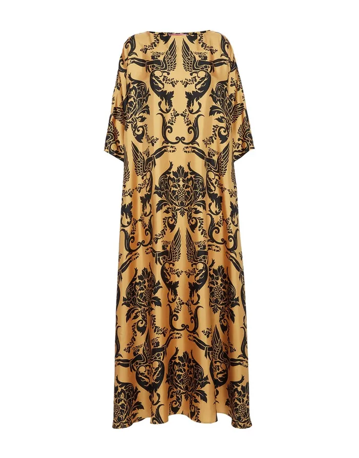 La Doublej Muumuu Dress Round Neck Cherubs Gold In Silk Twill Women Party Dressing