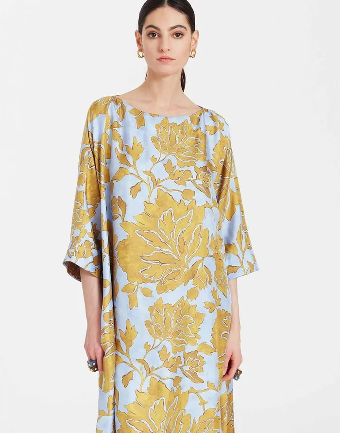 La Doublej Muumuu Dress Round Neck Tangle Light Blue In Silk Twill Women Dresses