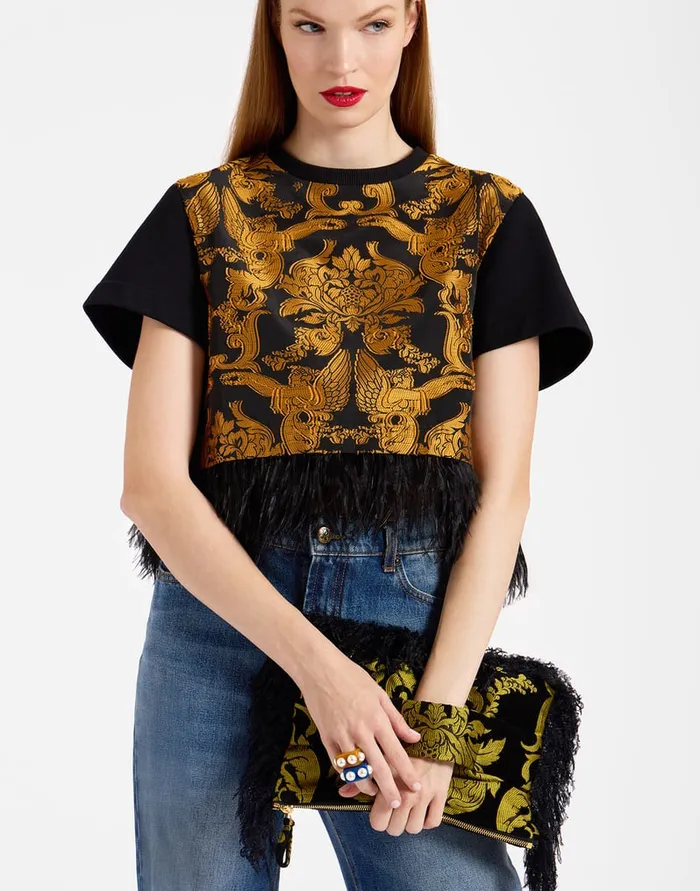 La Doublej Party Pochette Cherubs Black In Jacquard With Feathers Women Bags and Pochettes