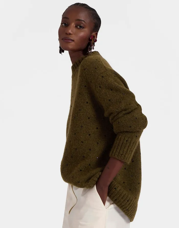 La Doublej Starlet Sweater Military Green In Wool Embroidered Women Knitwear