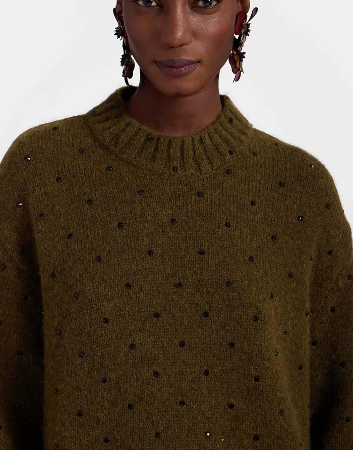 La Doublej Starlet Sweater Military Green In Wool Embroidered Women Knitwear