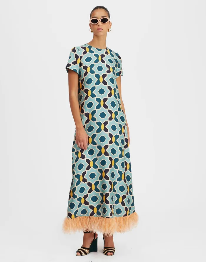 La Doublej Swing Dress Plaza Light Blue In Silk Twill With Feathers Women Dresses