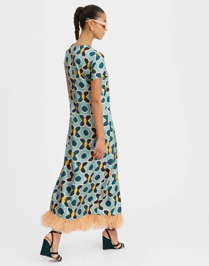 La Doublej Swing Dress Plaza Light Blue In Silk Twill With Feathers Women Dresses