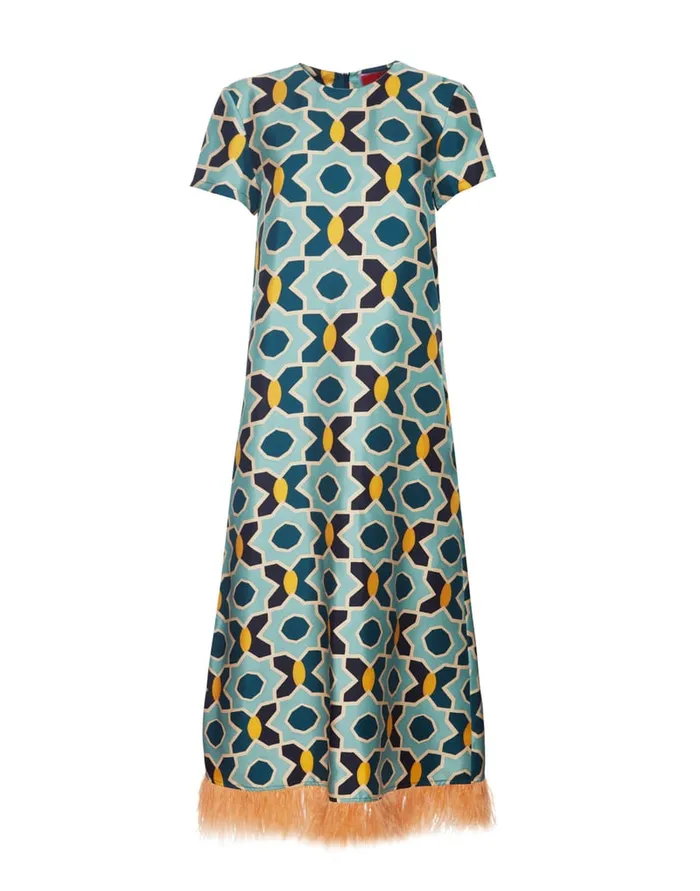 La Doublej Swing Dress Plaza Light Blue In Silk Twill With Feathers Women Dresses