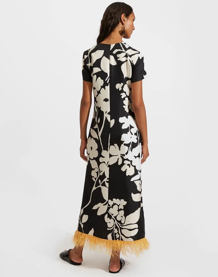 La Doublej Swing Dress With Feathers Winter Jasmine In Twill Silk Women Dresses
