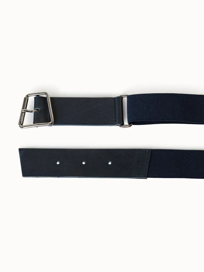 Leather And Elastic Belt With Trapezoid Buckle Navy Women Akris Belts