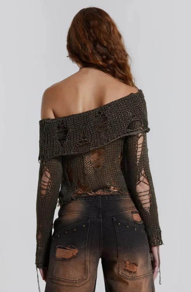 Long Sleeve Tops Women Jaded London Esra Laddered Knit Off The Shoulder Top