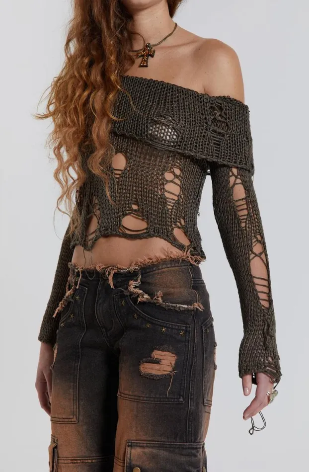 Long Sleeve Tops Women Jaded London Esra Laddered Knit Off The Shoulder Top