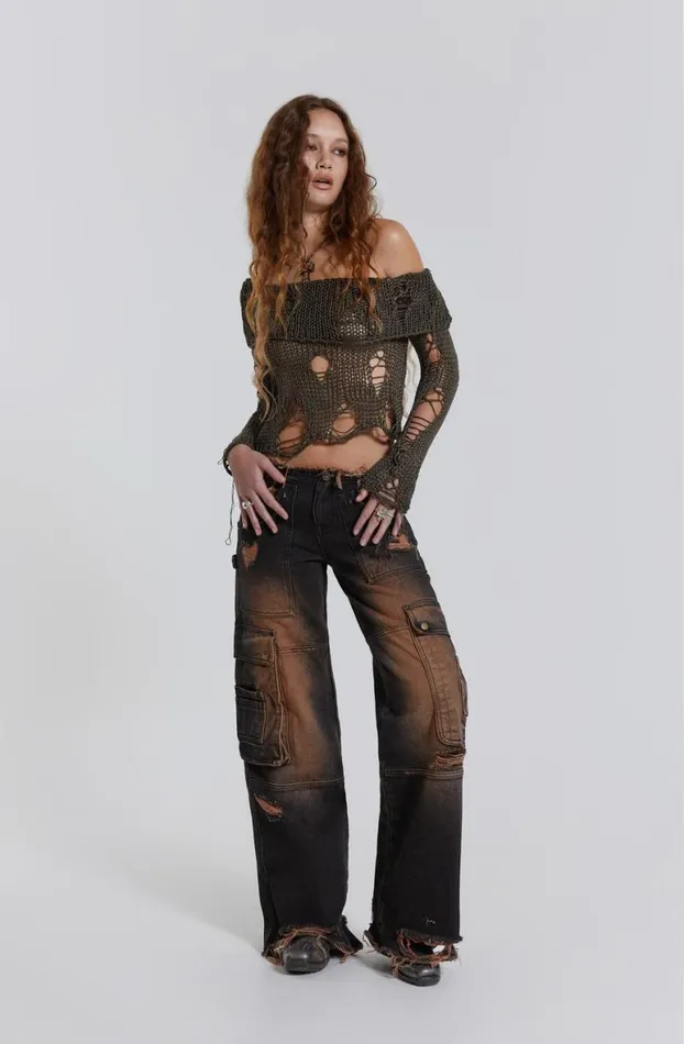 Long Sleeve Tops Women Jaded London Esra Laddered Knit Off The Shoulder Top