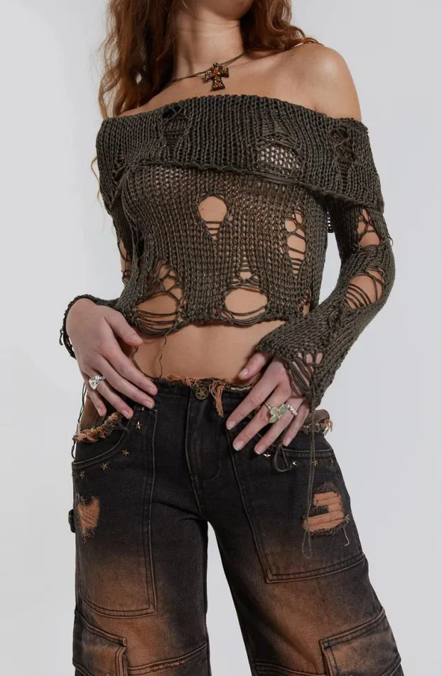Long Sleeve Tops Women Jaded London Esra Laddered Knit Off The Shoulder Top