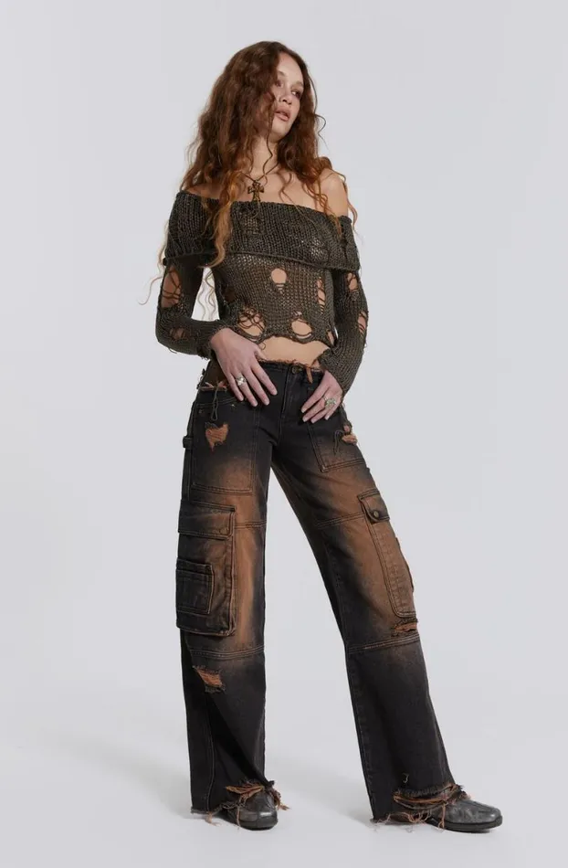 Long Sleeve Tops Women Jaded London Esra Laddered Knit Off The Shoulder Top