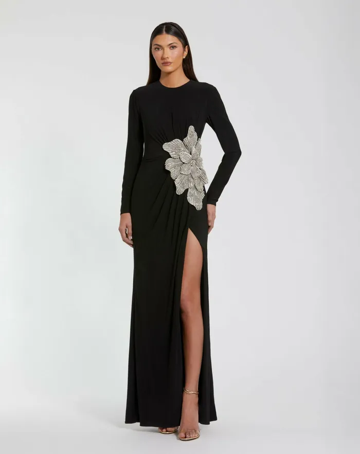 Mac Duggal Best Sellers Women Black Jersey Gown With Embellished Flower Black